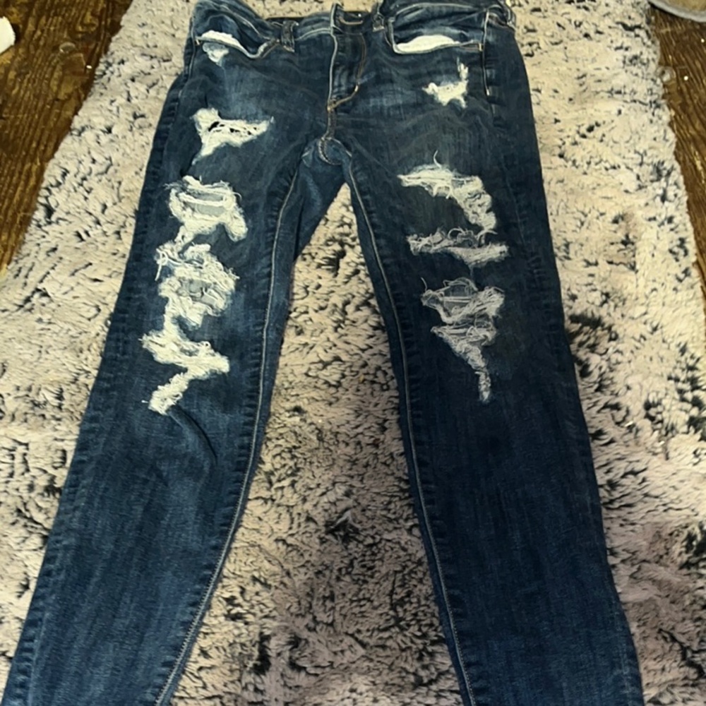 American Eagle Outfitters Blue Skinny Jeans with Distressed Details